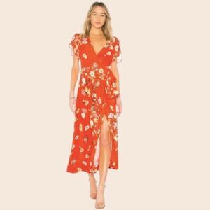Free People Orange Red Floral Jess Wrap Midi Dress Size XS